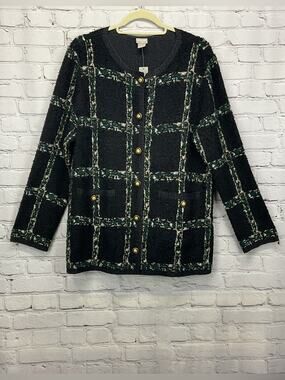 Chico’s Travelers Crushed Tweed Jacket Size 2 (12/14) Black Dark Jade Button Up